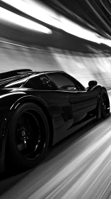 Midnight hypercar streaks through a tunnel of liquid light.