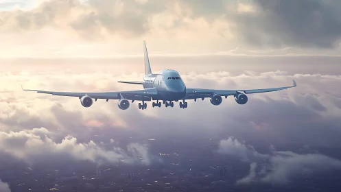 Widebody jetliner on stabilized approach through stratiform cloudscape.