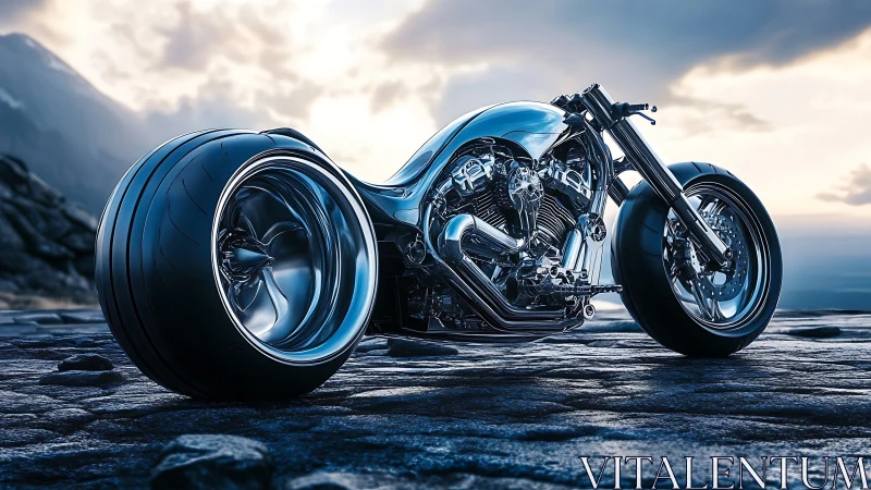Chrome titan motorcycle lounges beneath storm-bruised skies