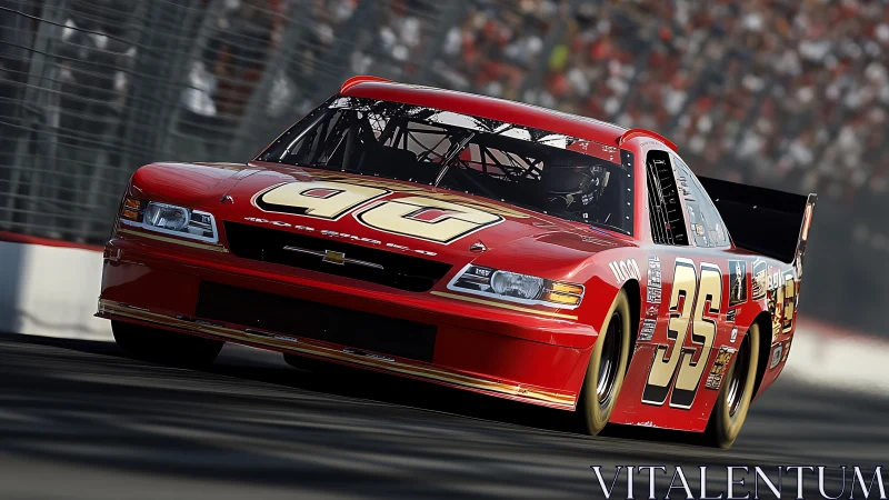 High-speed red stock car on oval speedway apex under load