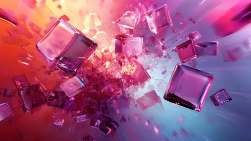 Vibrant glass cubes exploding in dynamic abstract digital art.
