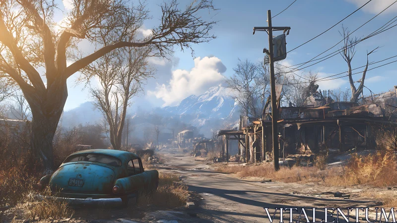 Sunlit abandoned road winding toward distant snowy peaks.