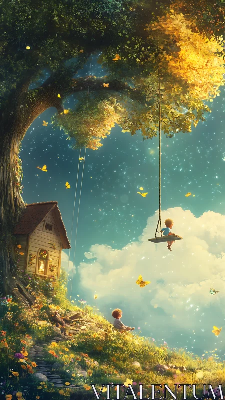 Childhood drifts skyward on a star-bright swing of clouds