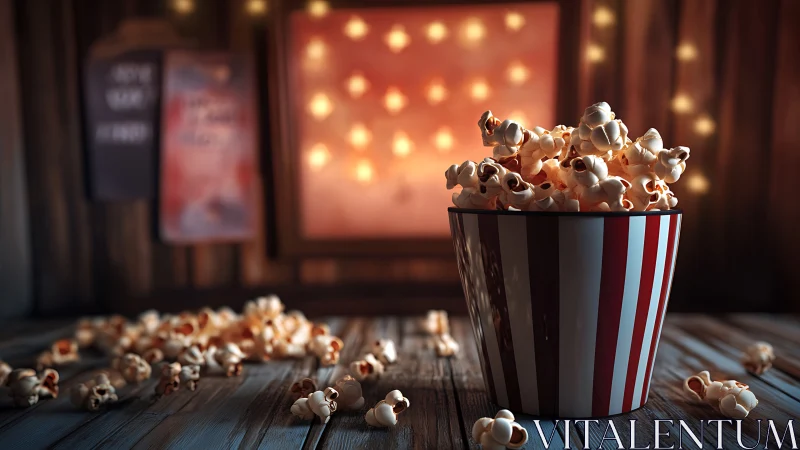 Striped popcorn bucket glows under warm cinematic lights