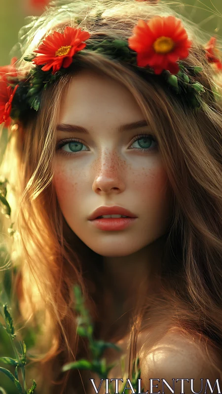 Summer meadow muse with freckled glow and wildflower crown.