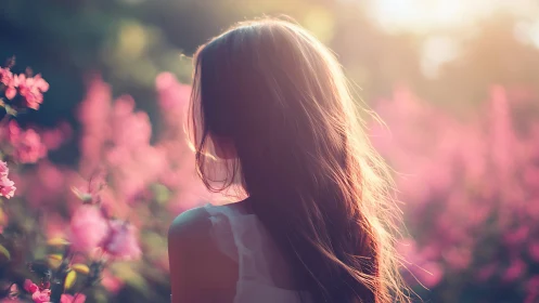 Woman standing in sunlit flower field, dreamy soft-focus style.