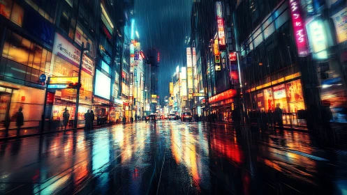 Neon rainlit avenue where city ghosts blur into color storms.