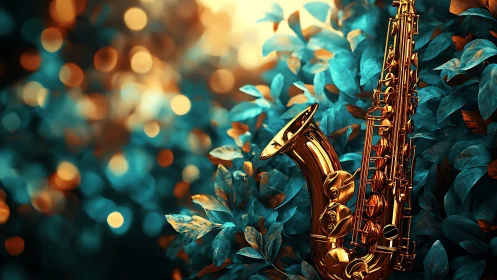 Golden saxophone rests amid teal foliage and bokeh light