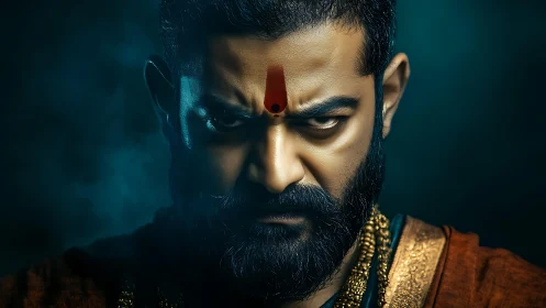 Intense bearded man with tilak in dramatic moody lighting.