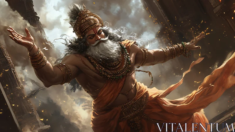 Mythic warrior ascends amid temple ruins and swirling smoke