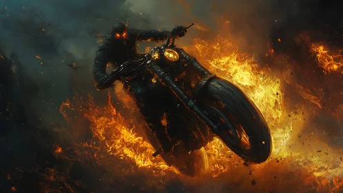 Flaming midnight rider bursting through a storm of fire.