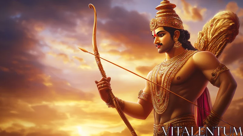 Sunlit warrior archer poised in gilded divine splendor.