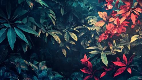 Midnight jungle leaves ignite in teal shadows and crimson fire.