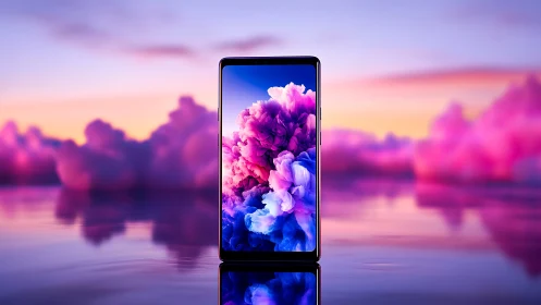 Smartphone displaying vibrant magenta ink cloud wallpaper against blurred background