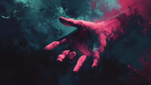Luminous hand reaches through neon-tinted cosmic darkness.
