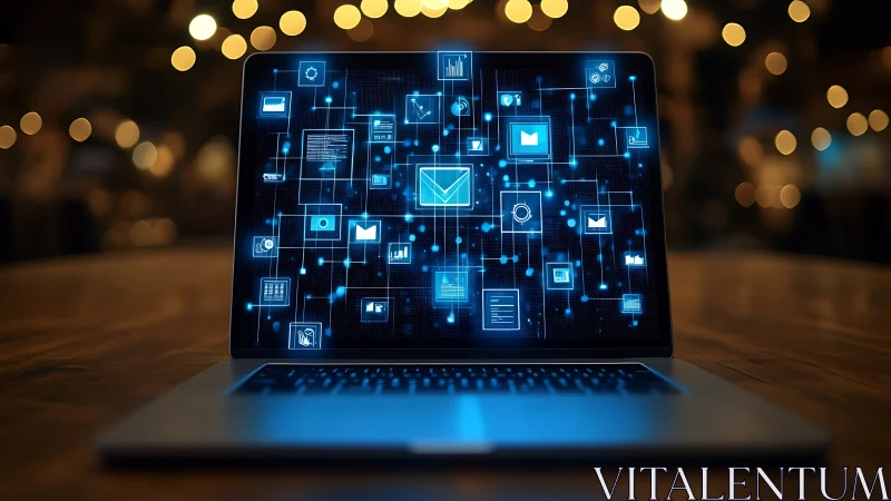 Laptop screen displays luminous data network interface in bokeh