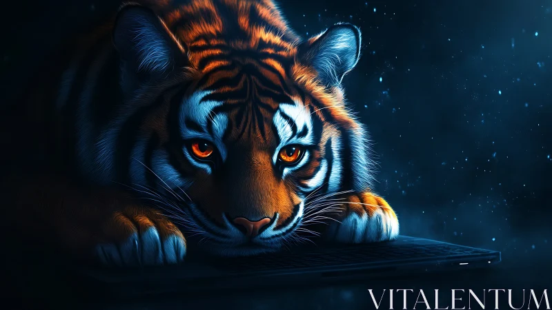 Bioluminescent cyber-tiger crouched on laptop in blue haze