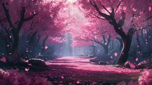 Cherry blossom forest path under glowing spring light.