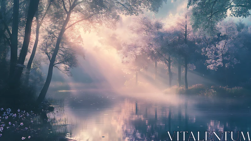 Volumetric dawn light across misted cherry forest lake.
