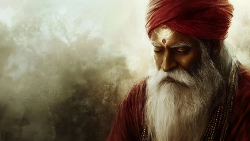 Meditative elder in crimson turban amid misted light.