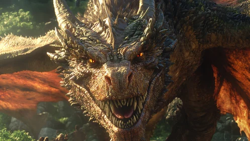 Ember-fanged forest dragon lunges with molten gold glare.