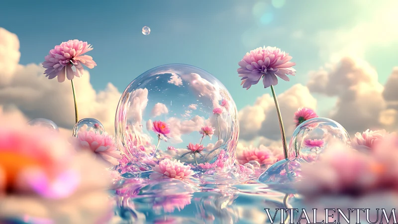 Surreal Glass Sphere with Pink Flowers and Sky Reflection