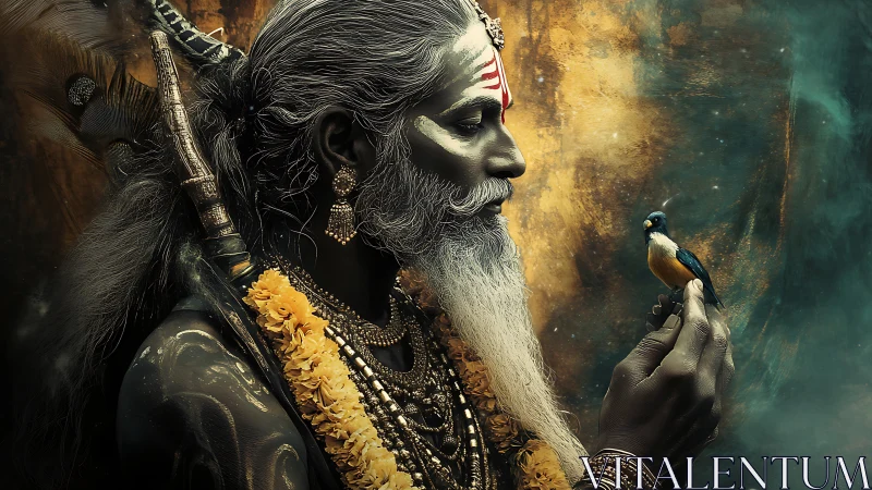 Mystic elder in quiet conversation with a tiny forest bird.