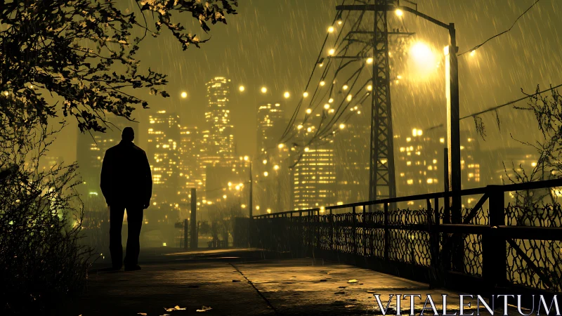Soft city lights welcome a lone walker through rainy night