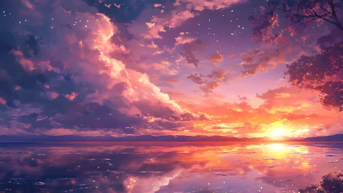 Radiant sunset clouds blaze above a tranquil reflective lake.
