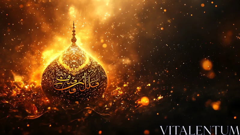 Glowing Islamic calligraphy dome with golden firelight.