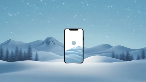 Smartphone mockup over stylized snowy winter landscape.