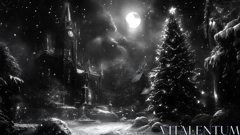 Lunar backlit gothic churchyard with illuminated winter tree.