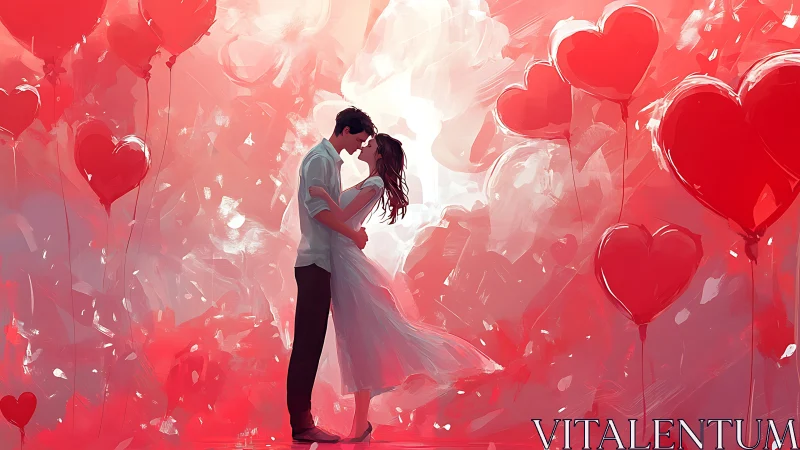 Couple Kissing Amid Floating Heart Balloons in Red Sky