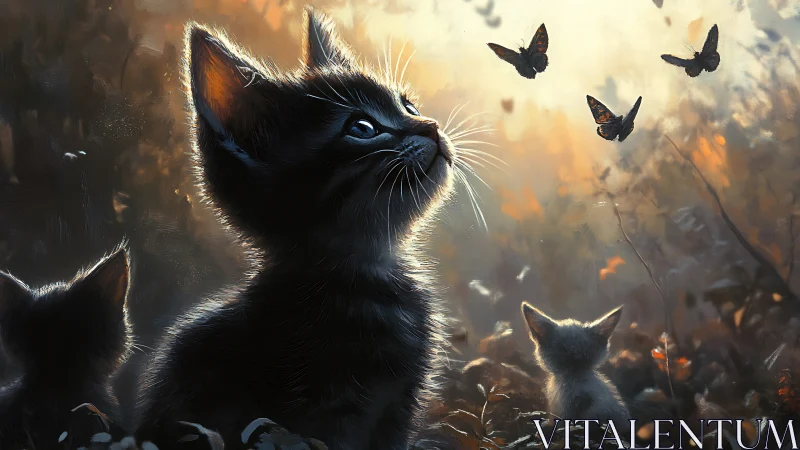 Black Feline Subject Observing Lepidoptera with Atmospheric Backlighting