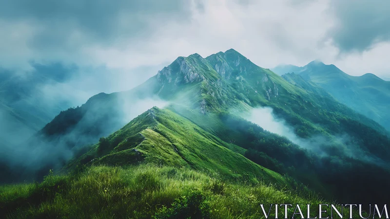 Misty green mountain ridge with rolling valley clouds.