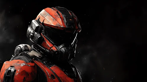 Battle-worn red exosuit soldier in deep space chiaroscuro