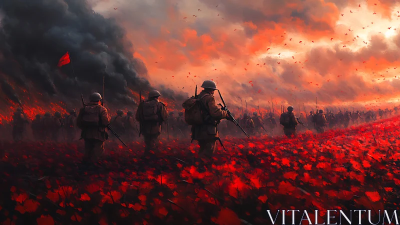 Soldiers advance through crimson poppy fields under burning skies