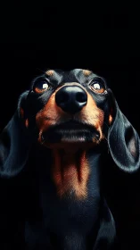 Low-key dachshund portrait with luminous glassy eyes.