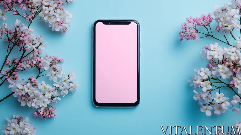 Blossoms frame pastel smartphone screen on sky blue stage.