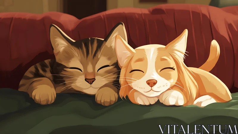 Two Felines Resting on Upholstered Sofa: Tabby and Orange Striped Cats.