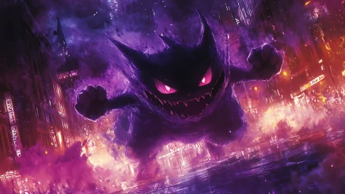 Ghostly purple monster rushes through neon city street.