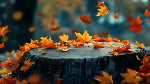 Golden autumn leaves dancing around a quiet tree stump.