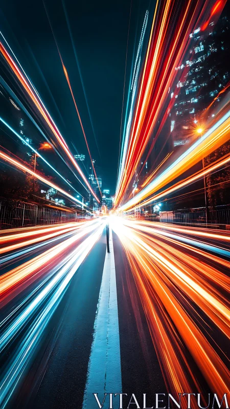 Urban roadway at night with converging vehicle light trails.