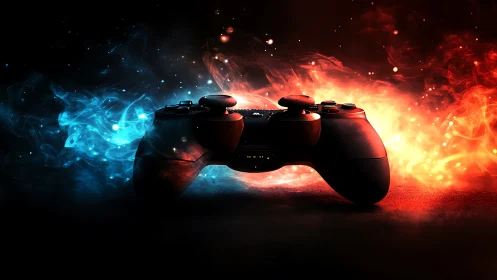 Game controller against blue and red elemental energy glow.
