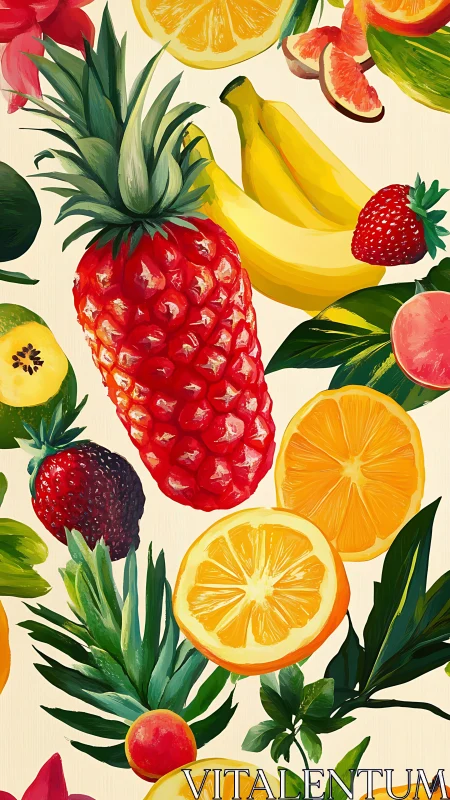 Digital illustration presents assorted tropical fruit arrangement