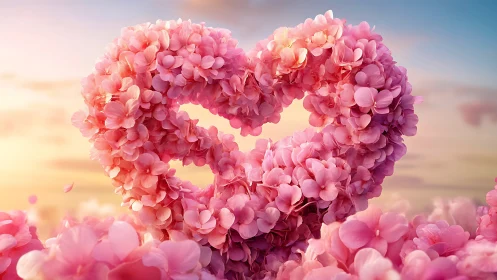 Floral Heart Shape Pink Flowers Sunset Field.
