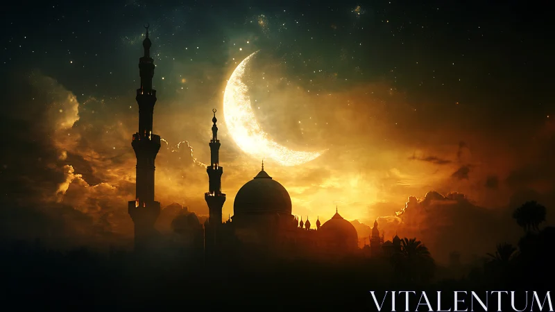 Crescent moon over silhouetted mosque in glowing night sky.