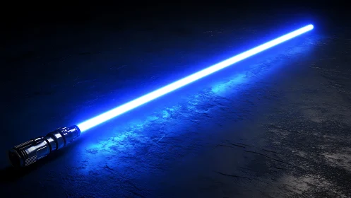 Blue energy blade illuminates textured ground with hard specular light