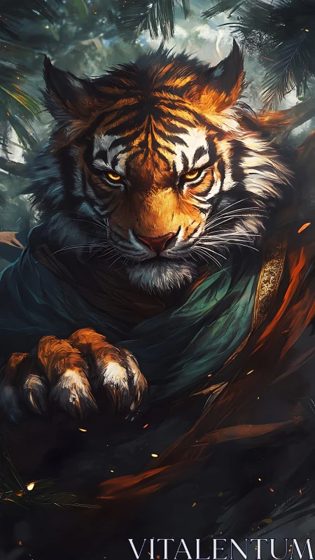 Cloaked tiger portrait in dynamic digital fantasy composition.