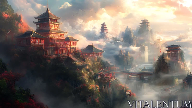 Cloud-kissed mountain temples glowing in ember dawn mist.
